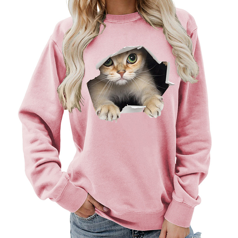 Amazon Source Ženska majica s okruglim izrezom i mačkastim printom, jesenski i zimski kaput, ležeran, široki, europska veličina