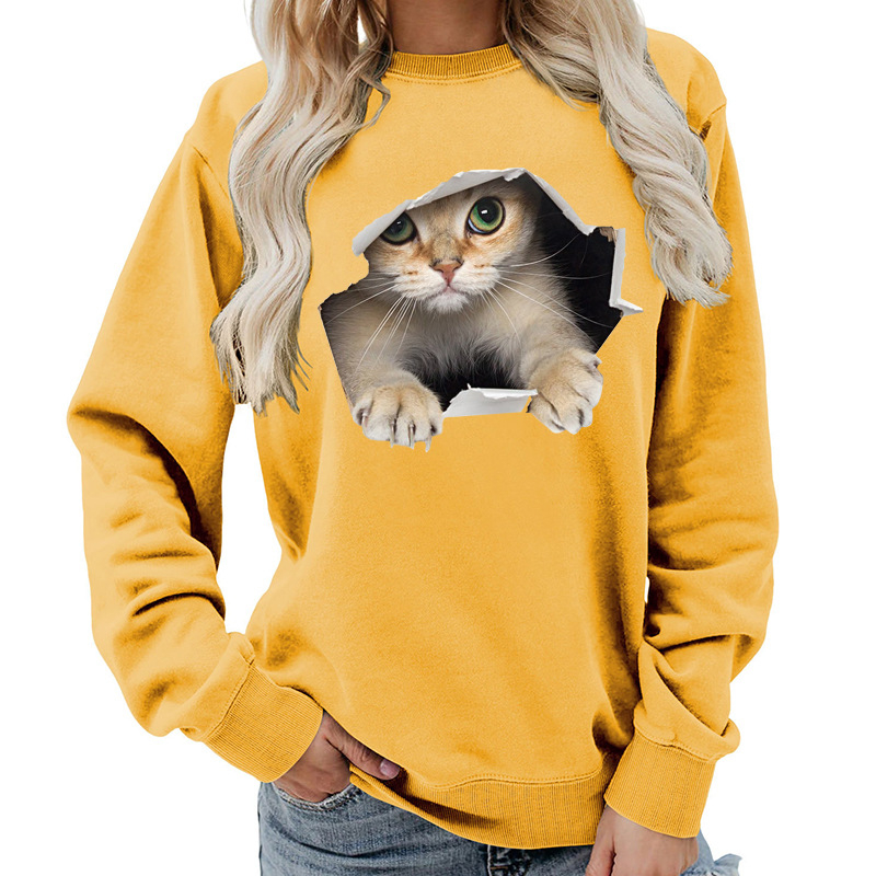 Amazon Source Ženska majica s okruglim izrezom i mačkastim printom, jesenski i zimski kaput, ležeran, široki, europska veličina