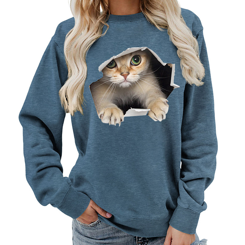 Amazon Source Ženska majica s okruglim izrezom i mačkastim printom, jesenski i zimski kaput, ležeran, široki, europska veličina