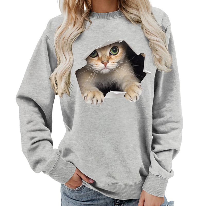Amazon Source Ženska majica s okruglim izrezom i mačkastim printom, jesenski i zimski kaput, ležeran, široki, europska veličina