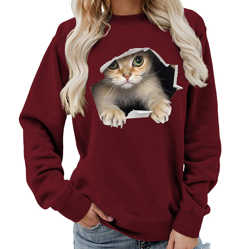 Amazon Source Ženska majica s okruglim izrezom i mačkastim printom, jesenski i zimski kaput, ležeran, široki, europska veličina