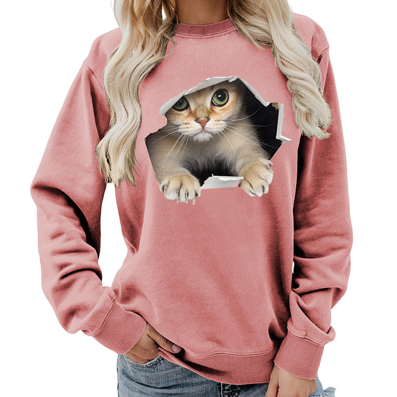 Amazon Source Ženska majica s okruglim izrezom i mačkastim printom, jesenski i zimski kaput, ležeran, široki, europska veličina