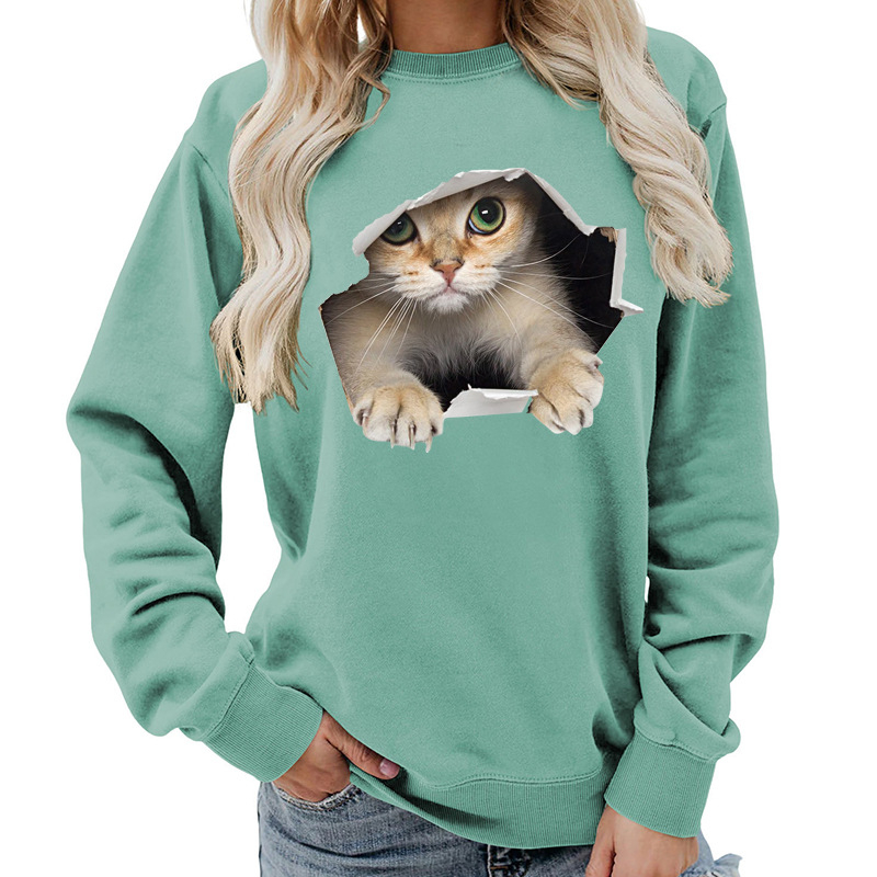 Amazon Source Ženska majica s okruglim izrezom i mačkastim printom, jesenski i zimski kaput, ležeran, široki, europska veličina
