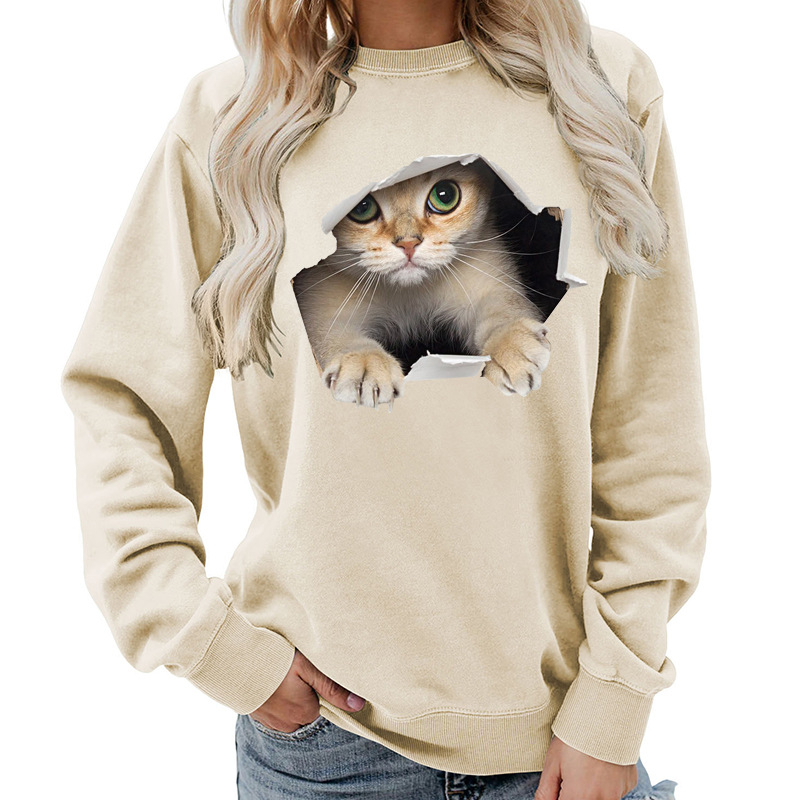Amazon Source Ženska majica s okruglim izrezom i mačkastim printom, jesenski i zimski kaput, ležeran, široki, europska veličina