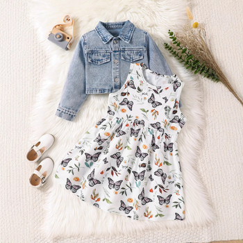 Jachetă Cardigan din Denim cu Fustă Fluture Transfrontalieră pentru Fete, La Modă, Dulce pentru Comerț Exterior, Pachet de Două Piese