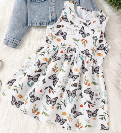 Jachetă Cardigan din Denim cu Fustă Fluture Transfrontalieră pentru Fete, La Modă, Dulce pentru Comerț Exterior, Pachet de Două Piese