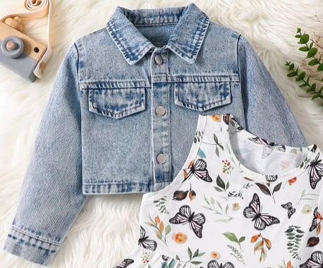 Jachetă Cardigan din Denim cu Fustă Fluture Transfrontalieră pentru Fete, La Modă, Dulce pentru Comerț Exterior, Pachet de Două Piese