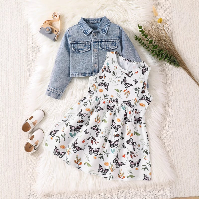 Jachetă Cardigan din Denim cu Fustă Fluture Transfrontalieră pentru Fete, La Modă, Dulce pentru Comerț Exterior, Pachet de Două Piese