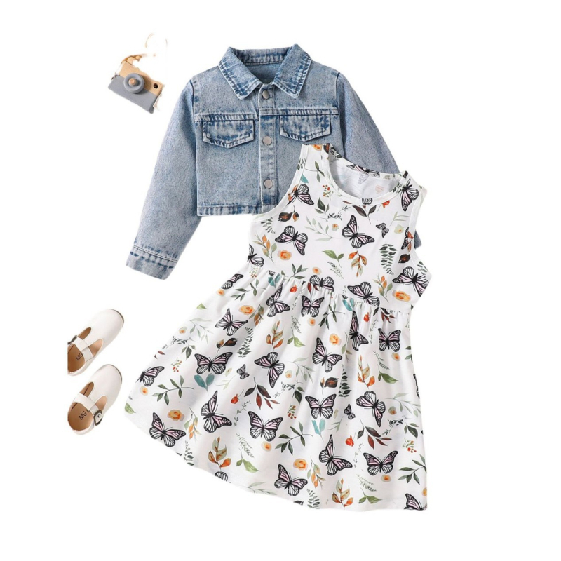 Jachetă Cardigan din Denim cu Fustă Fluture Transfrontalieră pentru Fete, La Modă, Dulce pentru Comerț Exterior, Pachet de Două Piese