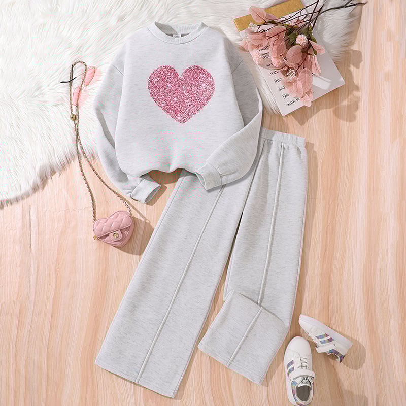 Fete hanorac costum casual pentru copii îmbrăcăminte de primăvară nouă pentru copii, mărime medie și mare, cu inimă, bluze și pantaloni, căptușit cu fleece, set din două piese