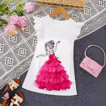 Rochie de seară albă pentru fete, cu imprimeu de prințesă și tul, cu guler rotund și mânecă zburătoare