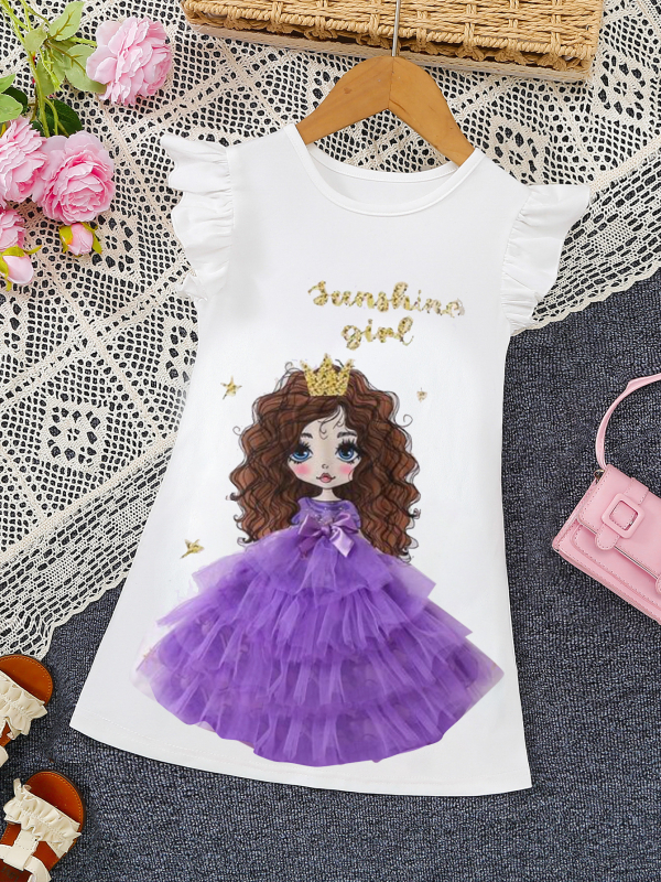 Rochie de seară albă pentru fete, cu imprimeu de prințesă și tul, cu guler rotund și mânecă zburătoare