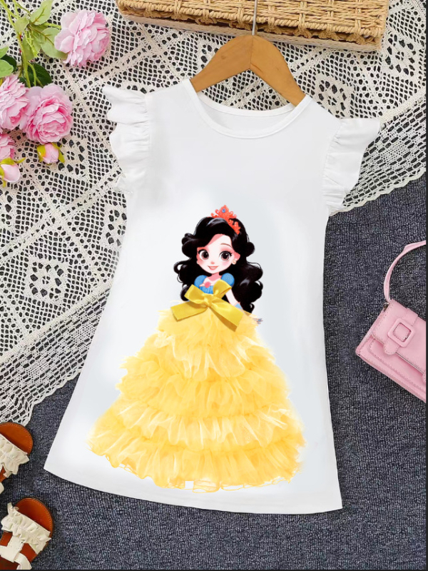 Rochie de seară albă pentru fete, cu imprimeu de prințesă și tul, cu guler rotund și mânecă zburătoare