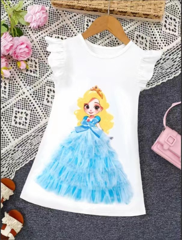 Rochie de seară albă pentru fete, cu imprimeu de prințesă și tul, cu guler rotund și mânecă zburătoare