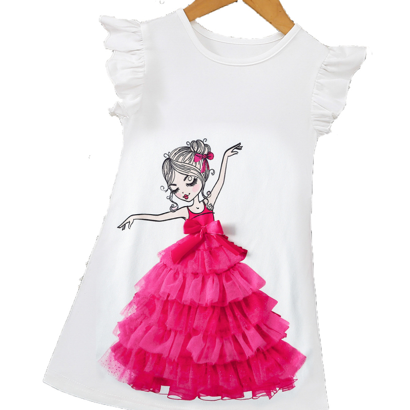 Rochie de seară albă pentru fete, cu imprimeu de prințesă și tul, cu guler rotund și mânecă zburătoare