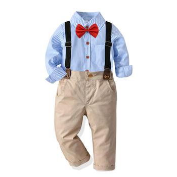 Νέο παιδικό κοστούμι άνοιξης και φθινοπώρου, παιδικό ευρωπαϊκό και αμερικανικό στυλ, μακρυμάνικο ριγέ πουκάμισο με παπιγιόν, παντελόνι, σετ τεσσάρων τεμαχίων για άνδρες