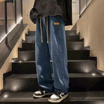 Označavanje žutih blatnih traperica Muške tanke ljetne ravne, široke traperice američkog stila, vintage oprane stare duge hlače