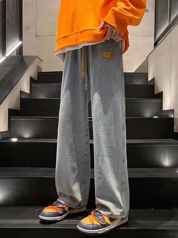 Označavanje žutih blatnih traperica Muške tanke ljetne ravne, široke traperice američkog stila, vintage oprane stare duge hlače