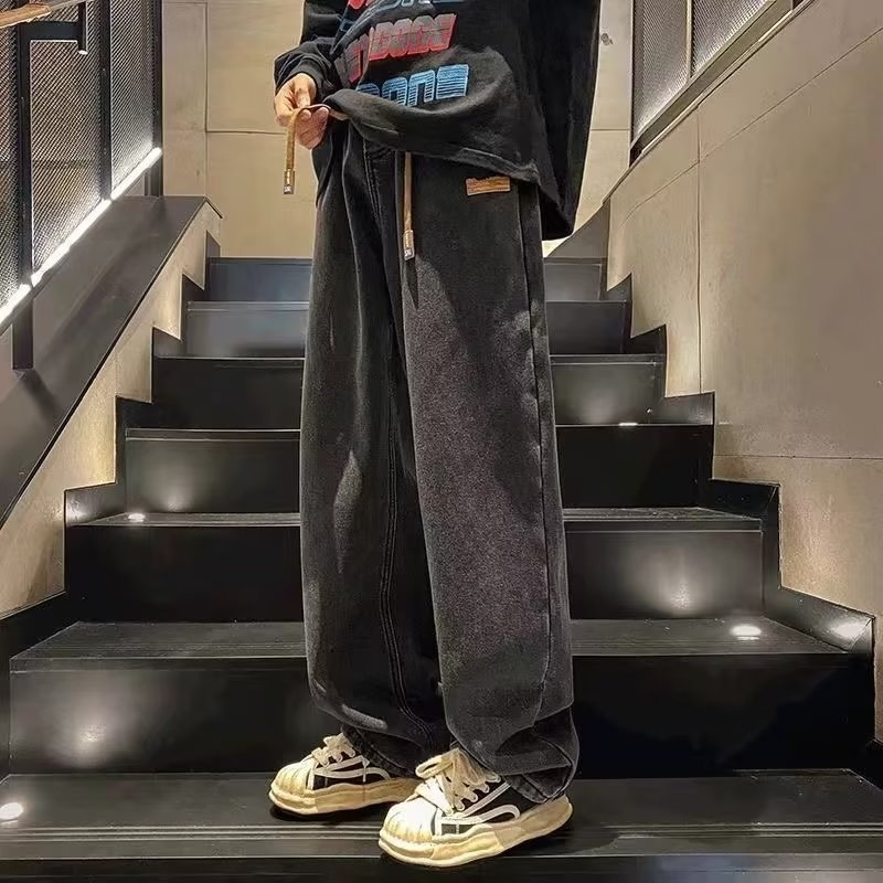 Označavanje žutih blatnih traperica Muške tanke ljetne ravne, široke traperice američkog stila, vintage oprane stare duge hlače