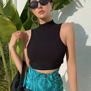 Stil european și american, fată fierbinte, guler semi-înalt, vestă de dans jazz, haine de damă, la modă, fără mâneci, scurt, slim-fit, crop top