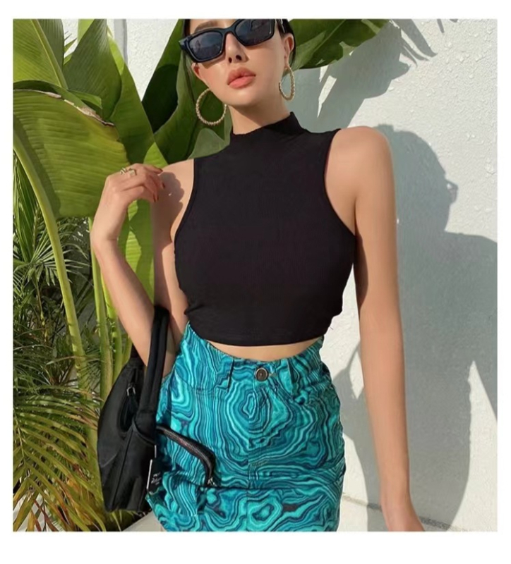 Stil european și american, fată fierbinte, guler semi-înalt, vestă de dans jazz, haine de damă, la modă, fără mâneci, scurt, slim-fit, crop top