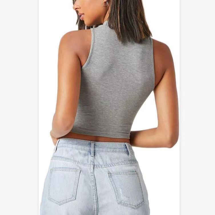 Stil european și american, fată fierbinte, guler semi-înalt, vestă de dans jazz, haine de damă, la modă, fără mâneci, scurt, slim-fit, crop top