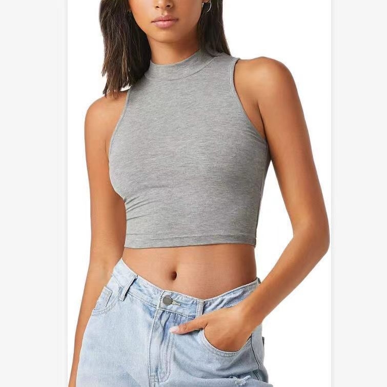 Stil european și american, fată fierbinte, guler semi-înalt, vestă de dans jazz, haine de damă, la modă, fără mâneci, scurt, slim-fit, crop top