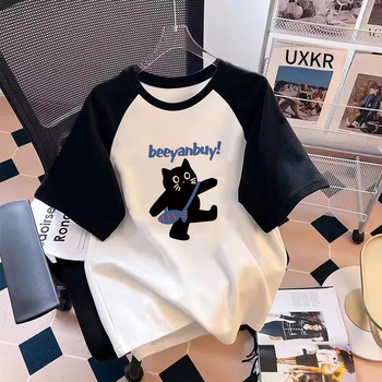 Tricou de vară cu mânecă scurtă, stil occidental, cu desene animate, din bumbac, culoare contrastantă, 2025, pentru elevi de gimnaziu, cu mânecă jumătate, stil western, fete, raglan