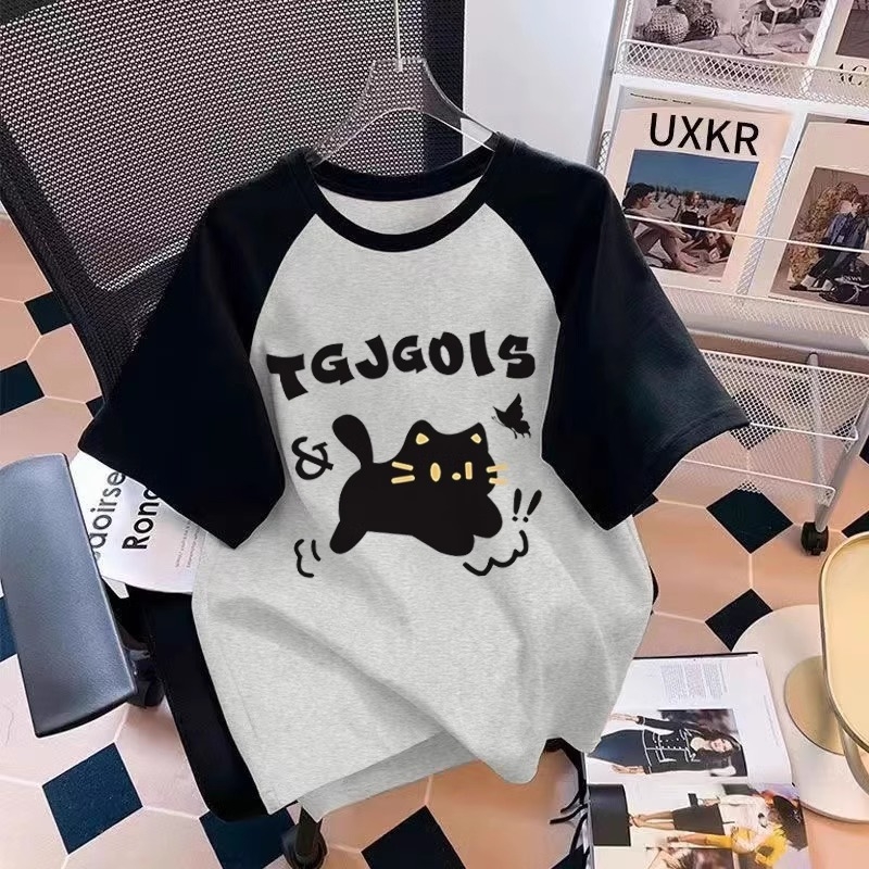 Tricou de vară cu mânecă scurtă, stil occidental, cu desene animate, din bumbac, culoare contrastantă, 2025, pentru elevi de gimnaziu, cu mânecă jumătate, stil western, fete, raglan