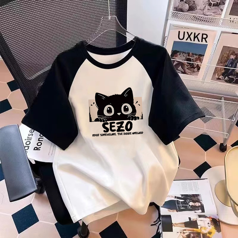 Tricou de vară cu mânecă scurtă, stil occidental, cu desene animate, din bumbac, culoare contrastantă, 2025, pentru elevi de gimnaziu, cu mânecă jumătate, stil western, fete, raglan