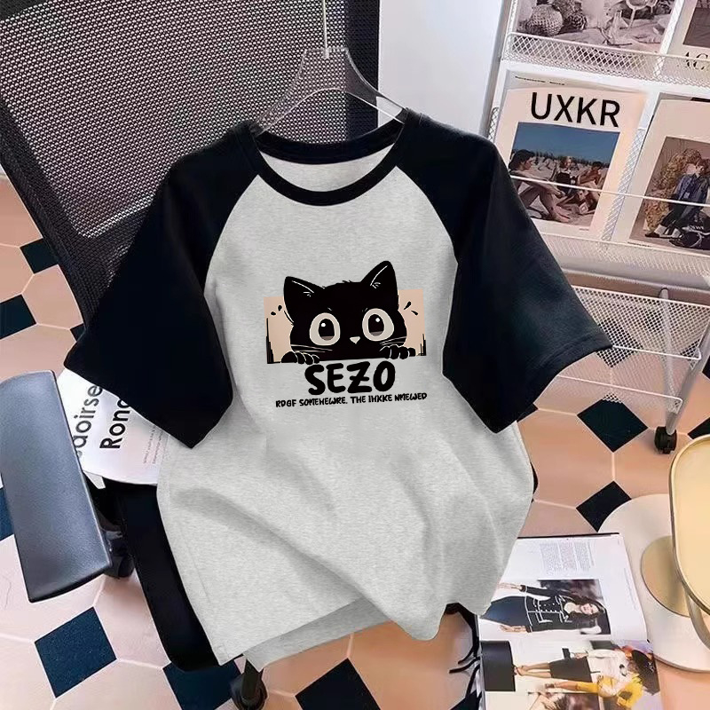 Tricou de vară cu mânecă scurtă, stil occidental, cu desene animate, din bumbac, culoare contrastantă, 2025, pentru elevi de gimnaziu, cu mânecă jumătate, stil western, fete, raglan