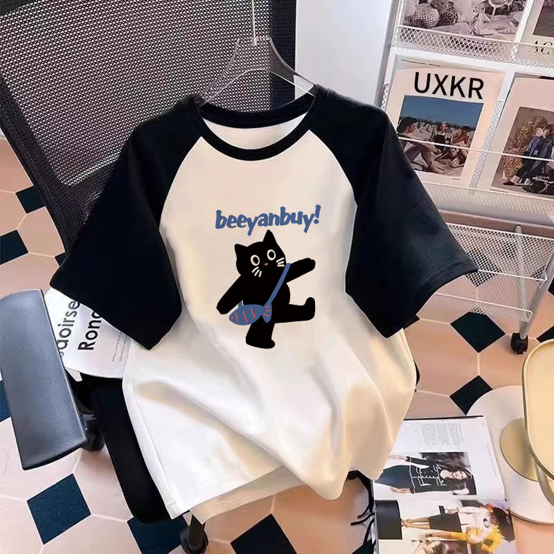 Tricou de vară cu mânecă scurtă, stil occidental, cu desene animate, din bumbac, culoare contrastantă, 2025, pentru elevi de gimnaziu, cu mânecă jumătate, stil western, fete, raglan