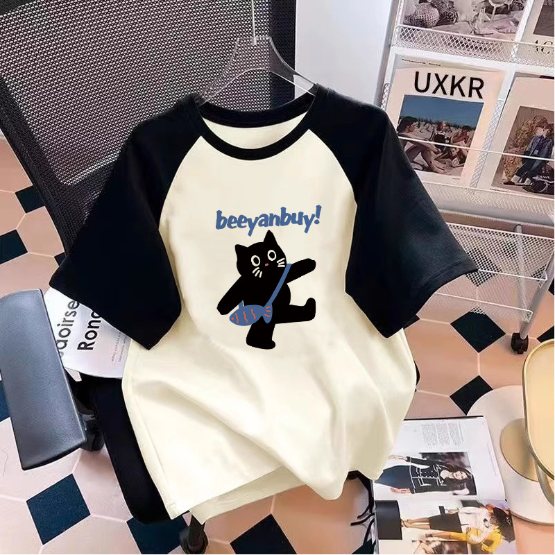 Tricou de vară cu mânecă scurtă, stil occidental, cu desene animate, din bumbac, culoare contrastantă, 2025, pentru elevi de gimnaziu, cu mânecă jumătate, stil western, fete, raglan