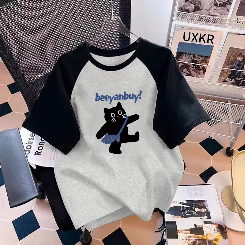 Tricou de vară cu mânecă scurtă, stil occidental, cu desene animate, din bumbac, culoare contrastantă, 2025, pentru elevi de gimnaziu, cu mânecă jumătate, stil western, fete, raglan