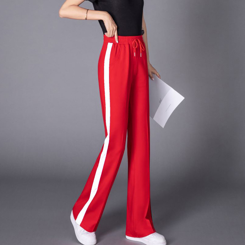 Plačiaklešnės moteriškos vasarinės naujo stiliaus mikro sportinės kelnės, plonos dryžuotos, aukštu juosmeniu, laisvalaikio sportinės kelnės