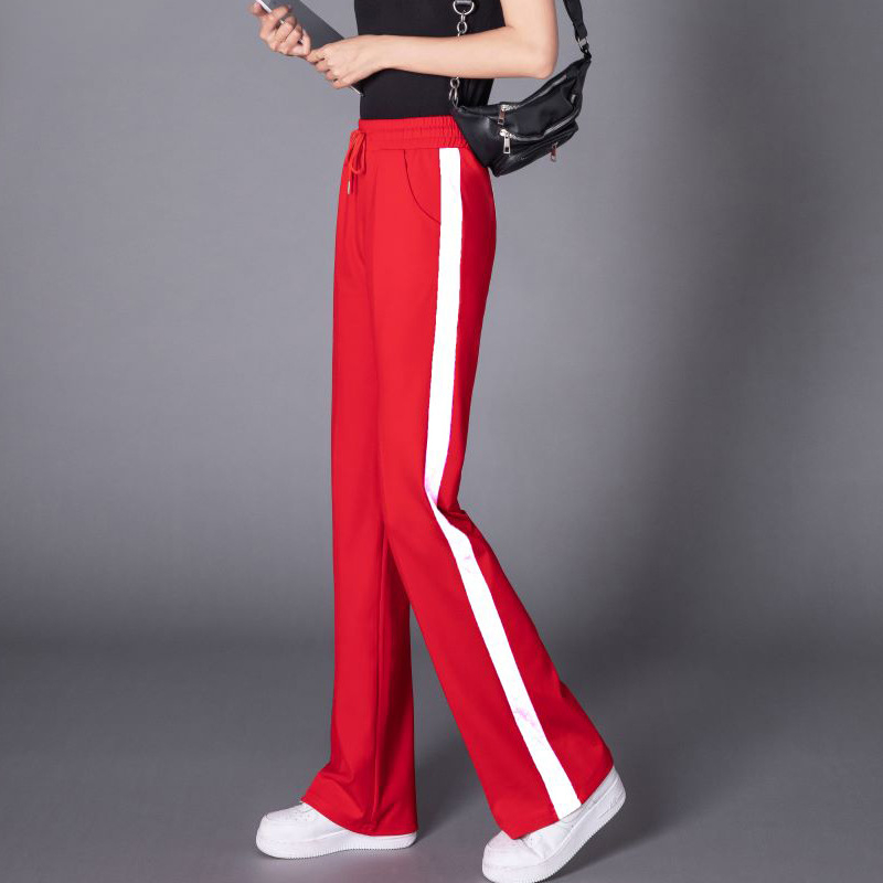 Plačiaklešnės moteriškos vasarinės naujo stiliaus mikro sportinės kelnės, plonos dryžuotos, aukštu juosmeniu, laisvalaikio sportinės kelnės