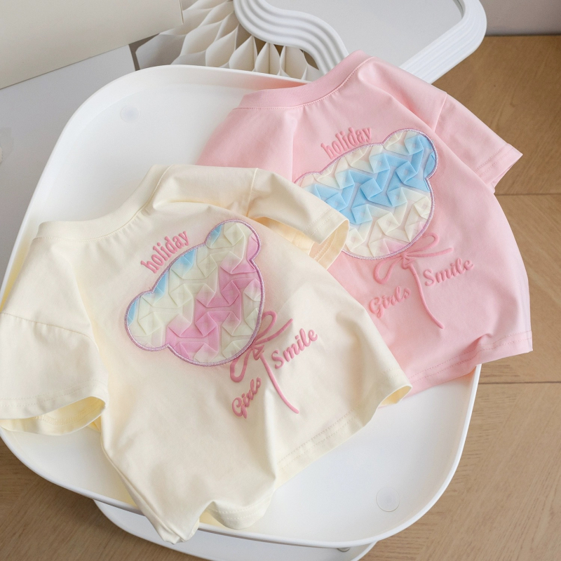 Djevojačka ljetna majica kratkih rukava, nova crtana majica kratkih rukava, djevojačka stilska trodimenzionalna majica s medvjedom, dječja odjeća, dječji slatki top s polurukavima, 3 komada