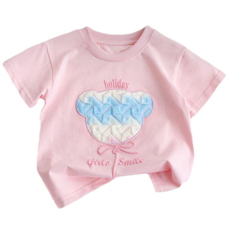 Djevojačka ljetna majica kratkih rukava, nova crtana majica kratkih rukava, djevojačka stilska trodimenzionalna majica s medvjedom, dječja odjeća, dječji slatki top s polurukavima, 3 komada