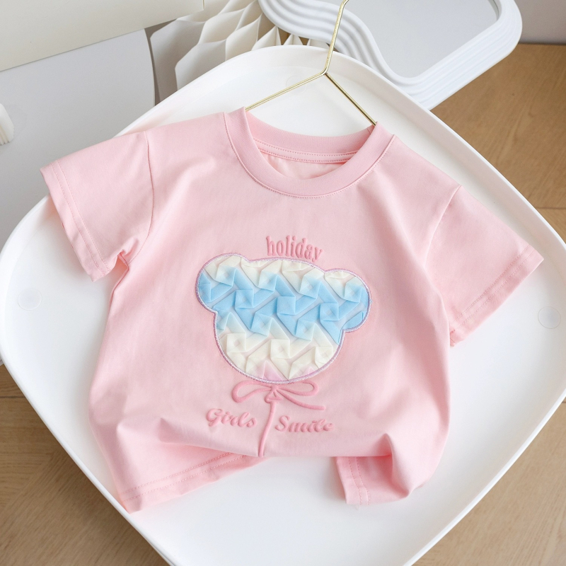 Djevojačka ljetna majica kratkih rukava, nova crtana majica kratkih rukava, djevojačka stilska trodimenzionalna majica s medvjedom, dječja odjeća, dječji slatki top s polurukavima, 3 komada