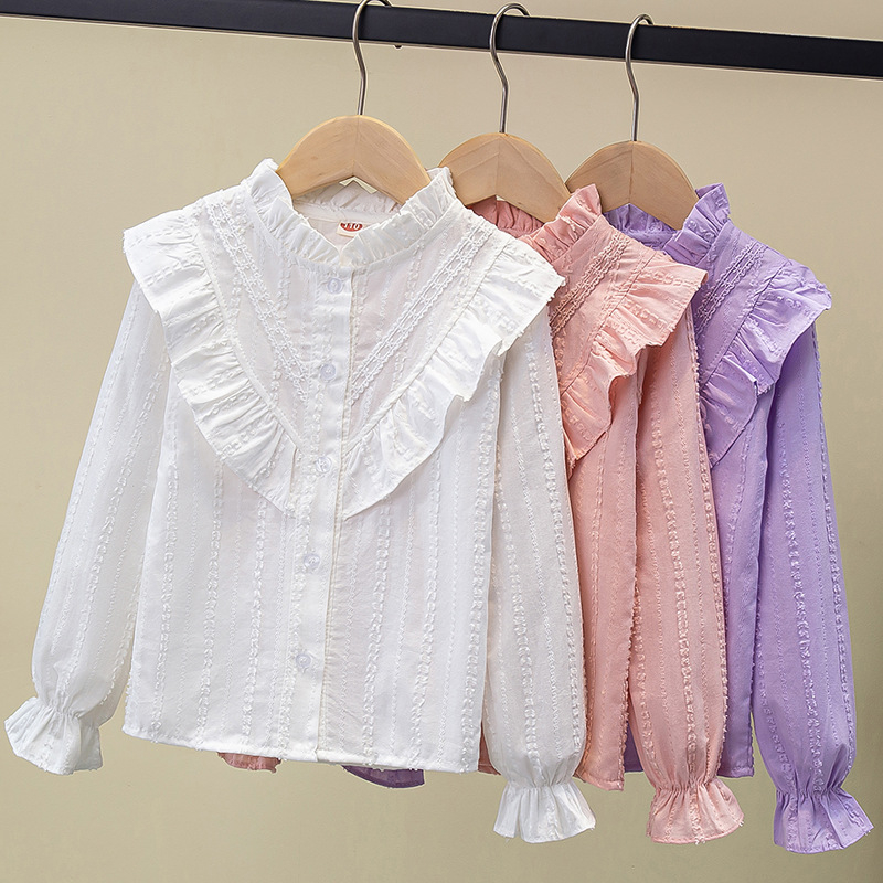 Tüdrukute puuvillane särk kevadel ja sügisel uus laste lääne stiilis pitsist pikkade varrukatega särk tüdrukute alussärk valge topp