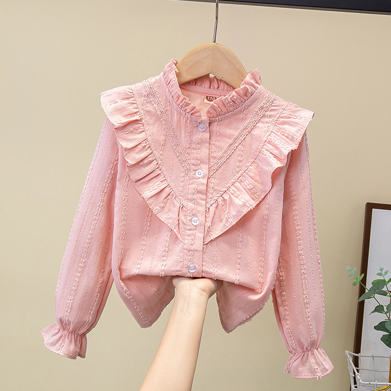 Tüdrukute puuvillane särk kevadel ja sügisel uus laste lääne stiilis pitsist pikkade varrukatega särk tüdrukute alussärk valge topp