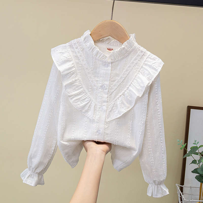 Tüdrukute puuvillane särk kevadel ja sügisel uus laste lääne stiilis pitsist pikkade varrukatega särk tüdrukute alussärk valge topp