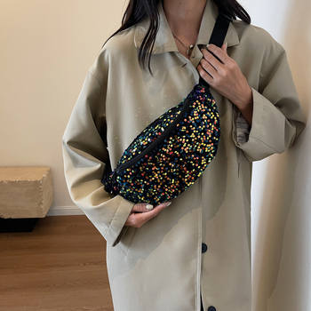 Personalizuota, madinga, Ruiying stiliaus, blizgučiais puošta, moteriška rankinė ant juosmens, deranti prie aukštos kokybės, krūtinės formos rankinė telefonui.