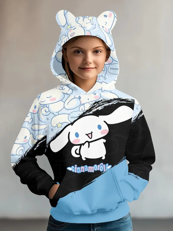 Laste lahtine pikkade varrukatega kapuutsiga dressipluus tüdrukute moetegelastega, Punamütsikese mustriga digitaaltrükk RB05