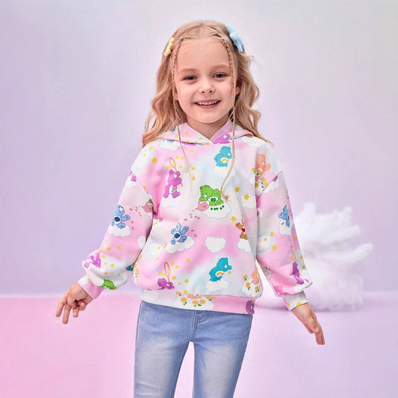 Laste lahtine pikkade varrukatega kapuutsiga dressipluus tüdrukute moetegelastega, Punamütsikese mustriga digitaaltrükk RB05