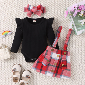 Διασυνοριακά παιδικά ρούχα χονδρικής φθινοπωρινά και χειμωνιάτικα κορίτσια και παιδιά μονόχρωμα κοστούμια με μακριά μανίκια + σετ φούστας με καρό τιράντες