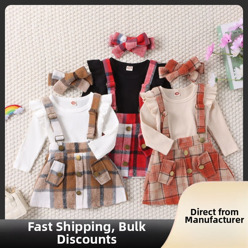 Prekogranična veleprodaja dječje odjeće za jesen i zimu za djevojčice i djecu, jednobojno odijelo s dugim rukavima i trokutom + karirana suknja s naramenicama