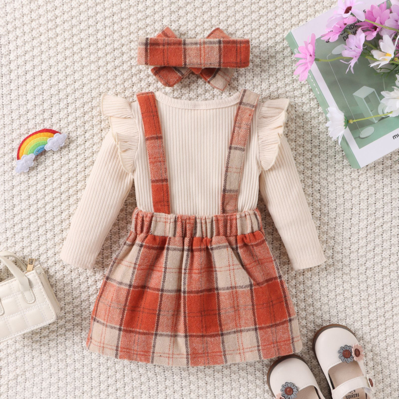 Prekogranična veleprodaja dječje odjeće za jesen i zimu za djevojčice i djecu, jednobojno odijelo s dugim rukavima i trokutom + karirana suknja s naramenicama