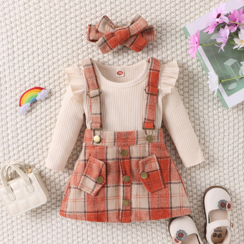 Prekogranična veleprodaja dječje odjeće za jesen i zimu za djevojčice i djecu, jednobojno odijelo s dugim rukavima i trokutom + karirana suknja s naramenicama