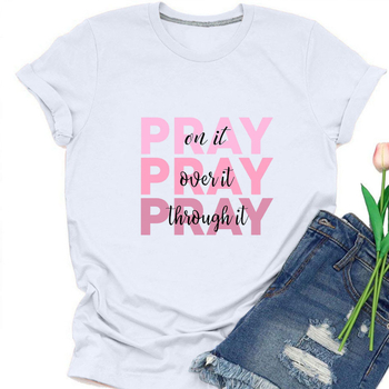 Καλοκαιρινό Ευρωπαϊκό και Αμερικάνικο T-shirt PRAY με στρογγυλή λαιμόκοψη και κοντό μανίκι, για άνδρες και γυναίκες, σε μεγάλα μεγέθη, από το Amazon AliExpress, ανεξάρτητος σταθμός, διασυνοριακός.